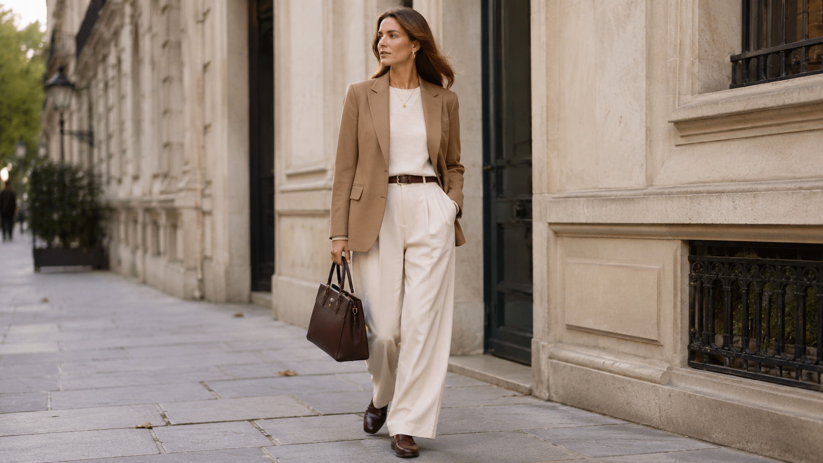 Camel Blazer + Cream Wide-Leg Trousers Quiet Luxury Fall Outfits 2026